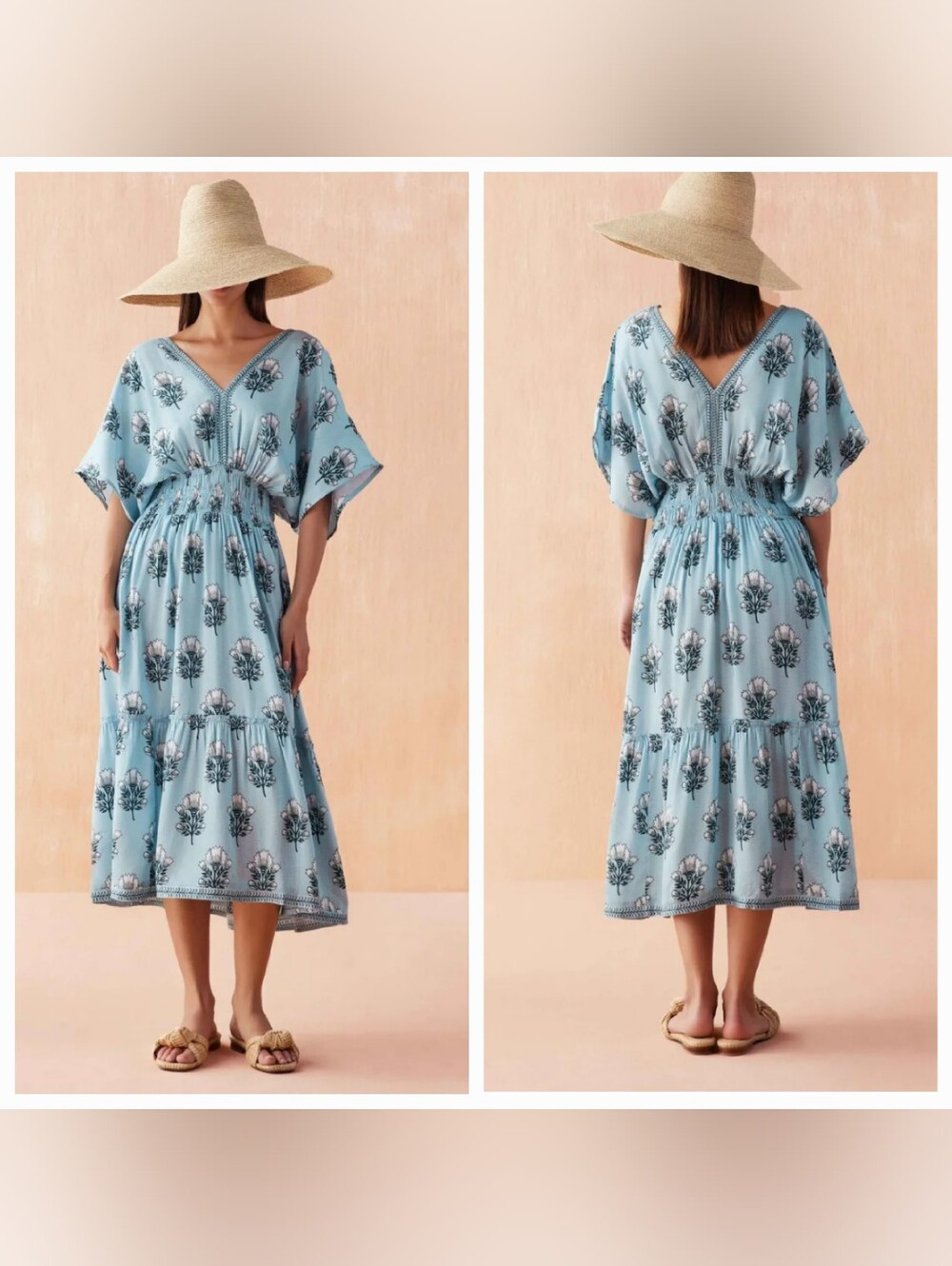 Omika Mindi Midi Light Blue Floral V-Neck Midi Dress